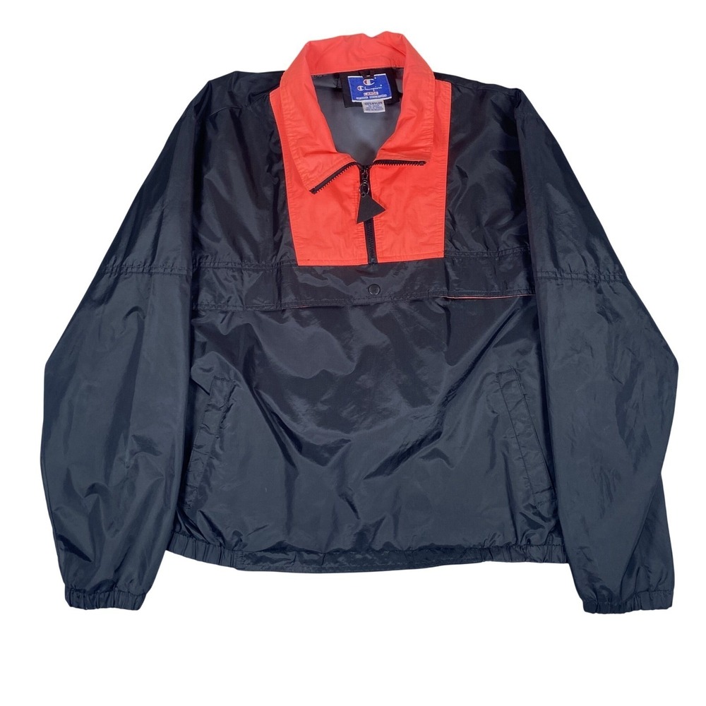 Vintage Champion Windbreaker Women Large Black Pink Quarter Zip Nylon Pullover